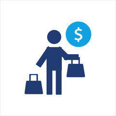 Business and commerce UI elements for web, app, banner, and print design. Blue financial and shopping icons with dollar signs, price tags, discounts, charts, invoices, and calculators.