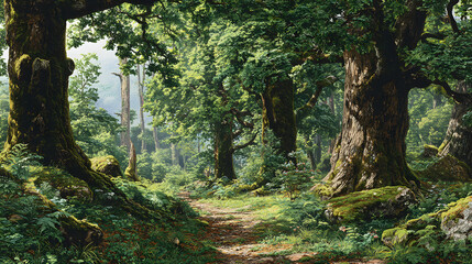 Beneath the Canopy: Exploring the Tranquil Beauty of an Ancient Upland Forest Teeming with Lush Vegetation and Sunlit Trails