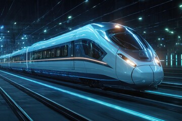 Fototapeta premium Futuristic High-Speed Train Illustration: Futurism Style, Time-Lapse, Digital Art, Concept Map, 3D Rendering, Sci-Fi Aesthetic