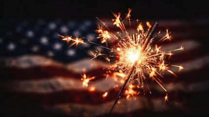 A glittering sparkler bursts with patriotic fire against a softly blurred American flag symbolizing freedom and