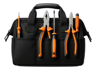 Portable electrical tool bag with a selection of insulated tools and tester pens for quick fixes in rented apartments.