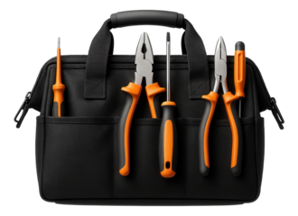 Portable electrical tool bag with a selection of insulated tools and tester pens for quick fixes in rented apartments.
