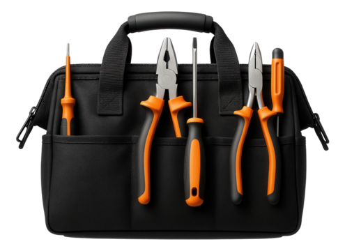 Portable electrical tool bag with a selection of insulated tools and tester pens for quick fixes in rented apartments.