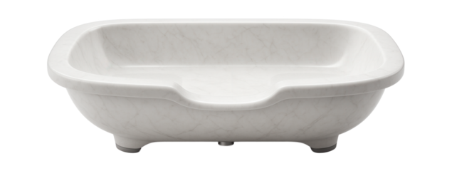 A shallow cast marble bathtub with a wide opening, suitable for easy access in a home with elderly residents.