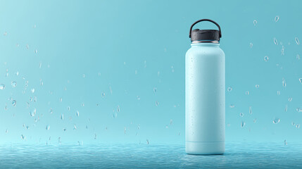 A blue water bottle with water droplets on a cool, blue background.