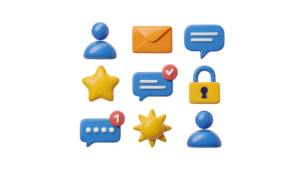 Collection of 3d icons including user profile message star lock and sun isolated on transparent background