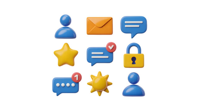 Collection of 3d icons including user profile message star lock and sun isolated on transparent background