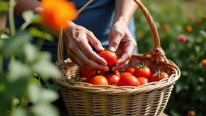 Manos de una anciana que cosecha tomates frescos de un huerto trasero y los coloca con cuidado en una cesta de mimbre