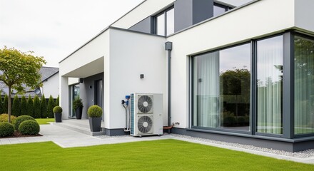Outdoor unit of a modern air-source heat pump placed beside a new single-family house 