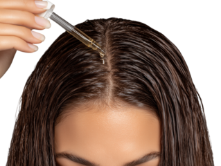 A woman applies hair serum to promote wellness. Nourishing serum provides a silky hair and overall wellness. isolated on a white background
