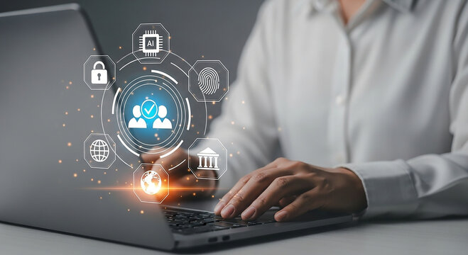 Person using laptop with digital interface showing security and ai icons - Powered by Adobe
