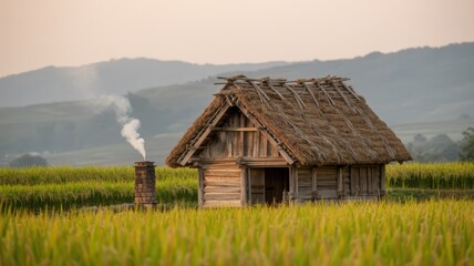 Rustic Japanese Welcome Hut in a Serene Rice Field at Sunset