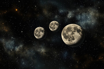 Fototapeta premium Three full moons shining brightly in a starry night sky