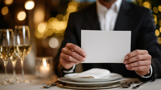 Hands gently hold a blank menu sheet above an opulent restaurant table, with fine china, polished silver cutlery, and a crisp white napkin arranged neatly below, golden candlelight