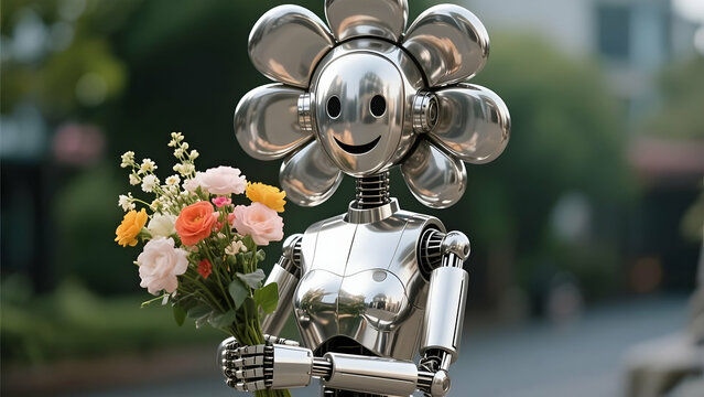 A charming, anthropomorphic robot with a cheerful flower-petal head, fashioned from polished silver, extends a vibrant bouquet of fresh flowers, symbolizing a delightful fusion of technology and natur