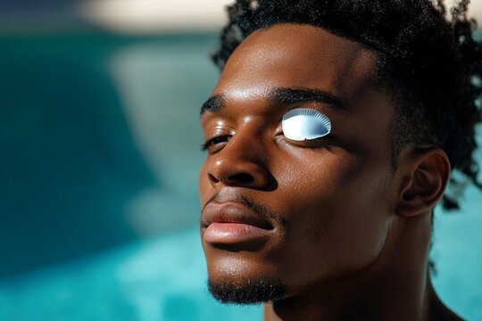 Man with melanin skin indulging in some under-eye care with a hydrogel patch, focusing on skincare and self-care routines, Generative AI