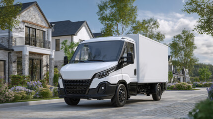 Futuristic electric delivery van under blue skies, parked in a quiet cul-de-sac with neatly kept suburban houses, representing a new era of zero-emissions logistics