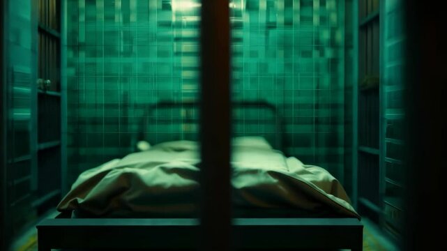 Prison cell with bars and dim lighting creating a dramatic atmosphere