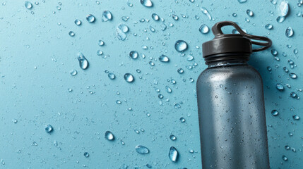 A water bottle sits on a textured blue surface, surrounded by water droplets.