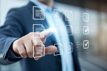 Digital feedback form interface, Businessman interacting with virtual online form. Perfect for customer feedback, survey UI, contact forms, digital onboarding, user experience in web applications.