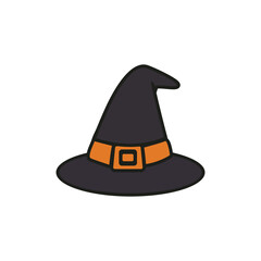 Fototapeta premium Cartoon witch hat Halloween icon in flat style, great for magical design, spooky costume illustrations, party invitation, sticker, and fantasy vector graphics