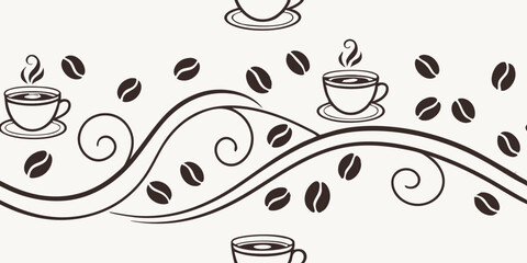 Horizontal seamless vector pattern border with coffee cups and beans  