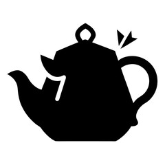 Broken tea pot black vector icon on white background.