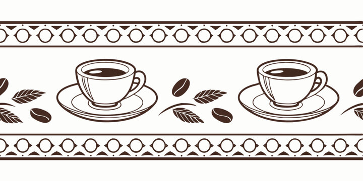 Vintage coffee horizontal seamless vector pattern border featuring cups and coffee beans  
