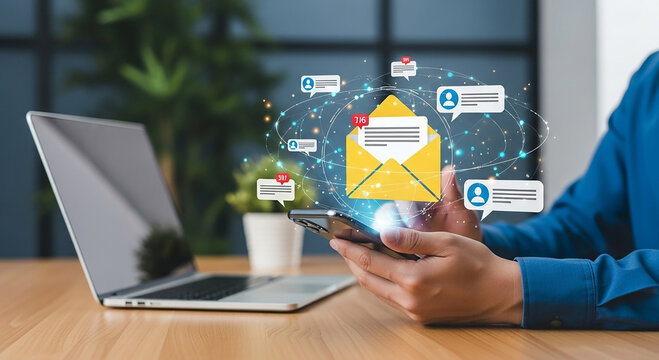 Person using smartphone with digital communication network and email notifications - Powered by Adobe