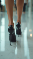 Close-up of slender women's legs walking in black shoes with high stiletto heels on a glossy marble floor