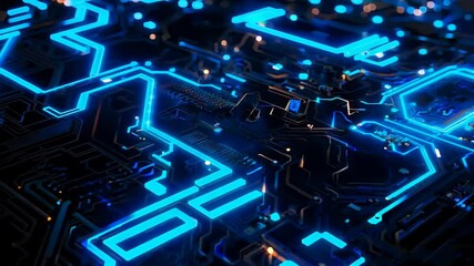 Close-Up of Futuristic Circuit Board with Glowing Blue Elements - Powered by Adobe