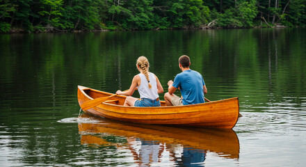 Young couple canoeing on a calm forest lake, enjoying peaceful outdoor adventure and connection with nature &ndash; Travel, relaxation, lifestyle concept.