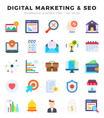 Set of simple Flat DIGITAL MARKETING & SEO Icons. Flat art icons pack. Vector illustration.