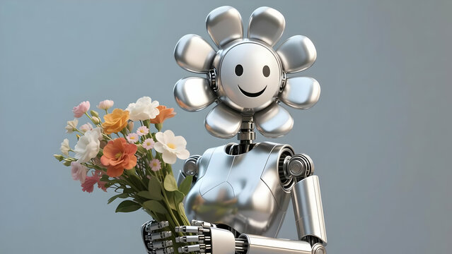 A charming, silver humanoid robot with a smiling, flower-shaped head offers a vibrant bouquet of fresh flowers, symbolizing the joyful and expressive potential of artificial intelligence interacting w - Powered by Adobe