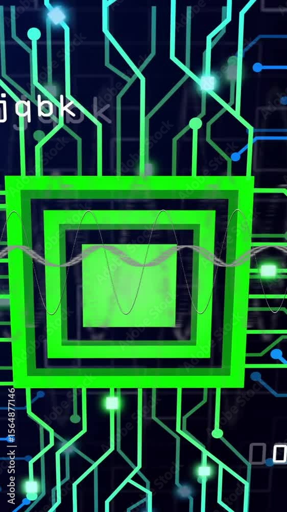 Poster animation of colourful connections over data processing and processor