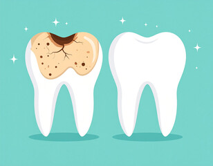 Healthy and Decayed Teeth Illustration: Dental Health Comparison. Oral Hygiene, Cavity Problem vs. Strong Tooth, Before After Concept