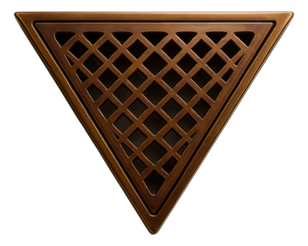 Triangular shower drain with a bronze finish for a rustic cabin bathroom.