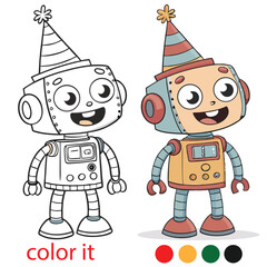 Playful Robots Party Coloring Page – Two Quirky Cartoon Robots Wearing Party Hats – Fun and Unique Kids Activity Printable