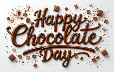 Happy chocolate day text made of chocolate with chocolate pieces on a white background overhead shot