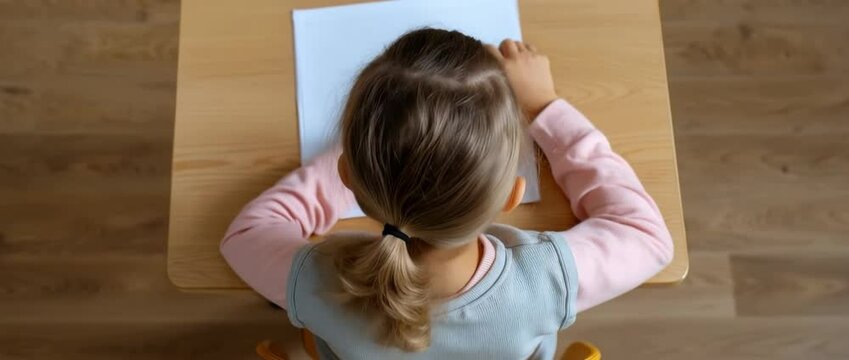 Young student writing at desk: focused learning from above in classroom setting