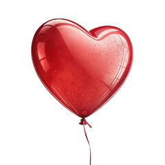 Glossy red heart shaped balloon with red ribbon isolated on transparent background.