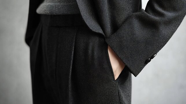 Subtle elegance, focusing on the fabric and tailoring details of dark clothing