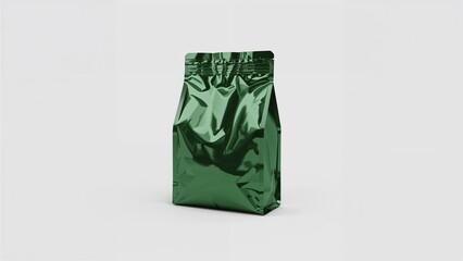 Fototapeta premium Minimalist green foil bag mock-up on white background