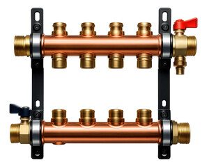 A modular copper collector group intended for use in a multi-story building, allowing for expansion and customization of heating circuits.