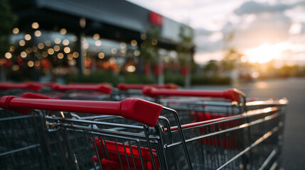 Shopping carts locked together with red plastic handles in perfect order, low-angle view emphasizing depth, with a sun-kissed store facade and vibrant sky in the background