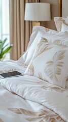 Obraz premium Cozy bedroom setup with decorative pillows and soft bedding 