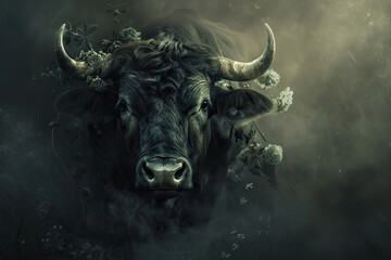 Naklejka premium Concept of Taurus zodiac sign symbol, abstract vivid composition consists of fictional unreal fantastic vision on background