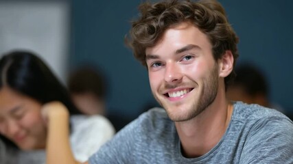 Young man engaged in classroom setting shows thoughtful expression and bright smile - Powered by Adobe