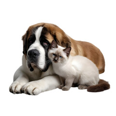 Obraz premium Gentle saint bernard dog and fluffy kitten cuddling together isolated on transparent background