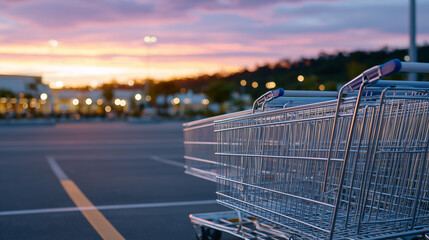 Perspective shot of shopping carts in clean formation at the edge of the lot, background glowing with dusk tones, evoking the quiet transition from retail day to evening calm
